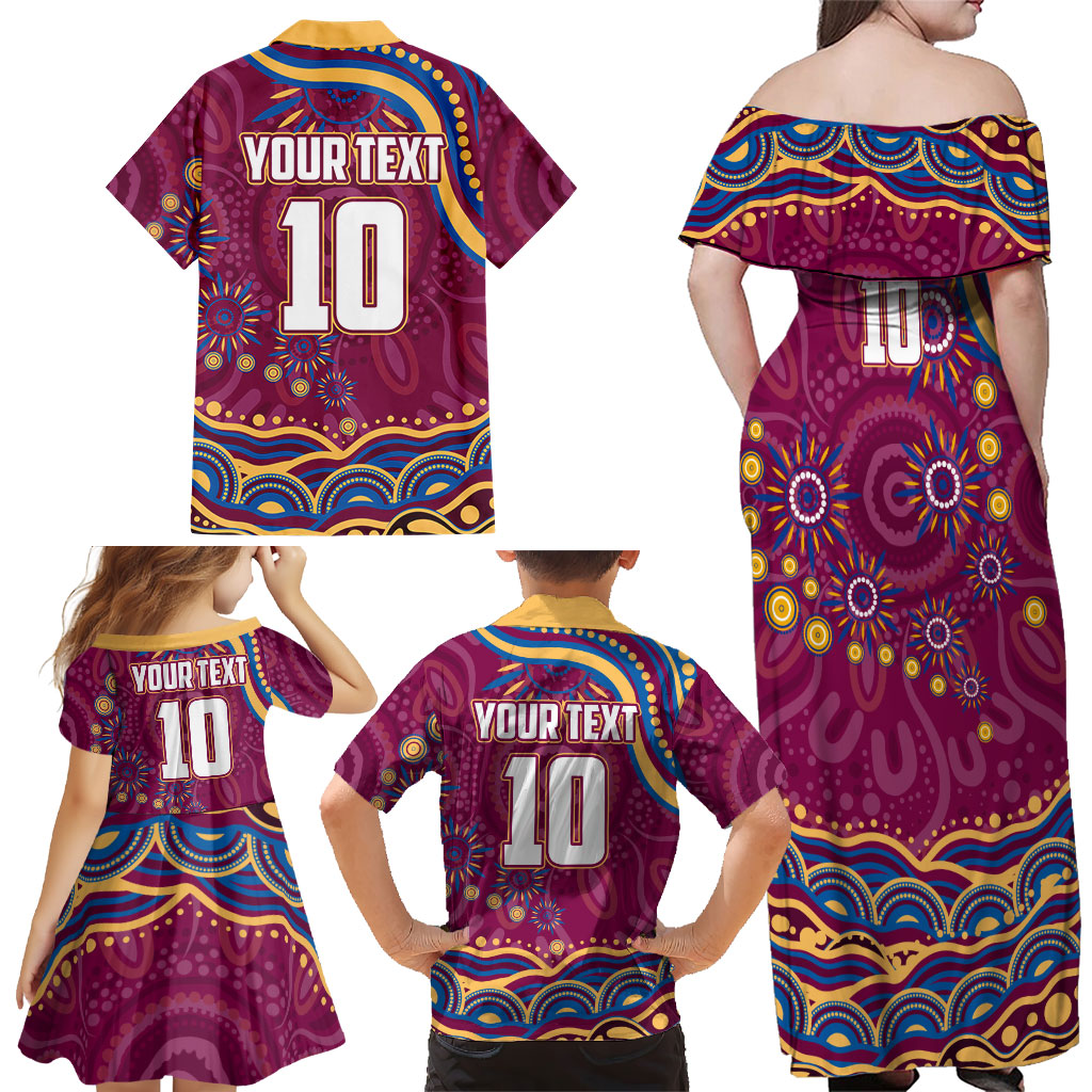 Personalized Brisbane Lions AFL Mascot Family Matching Off Shoulder Maxi Dress and Hawaiian Shirt Aboriginal Dot Art - Dreamtime Football Mascot