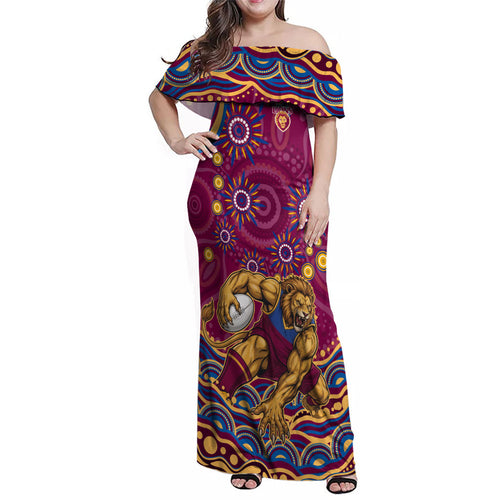 Personalized Brisbane Lions AFL Mascot Family Matching Off Shoulder Maxi Dress and Hawaiian Shirt Aboriginal Dot Art - Dreamtime Football Mascot