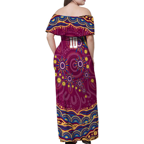 Personalized Brisbane Lions AFL Mascot Family Matching Off Shoulder Maxi Dress and Hawaiian Shirt Aboriginal Dot Art - Dreamtime Football Mascot