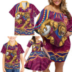Personalized Brisbane Lions AFL Mascot Family Matching Off Shoulder Short Dress and Hawaiian Shirt Aboriginal Dot Art - Dreamtime Football Mascot