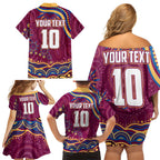 Personalized Brisbane Lions AFL Mascot Family Matching Off Shoulder Short Dress and Hawaiian Shirt Aboriginal Dot Art - Dreamtime Football Mascot