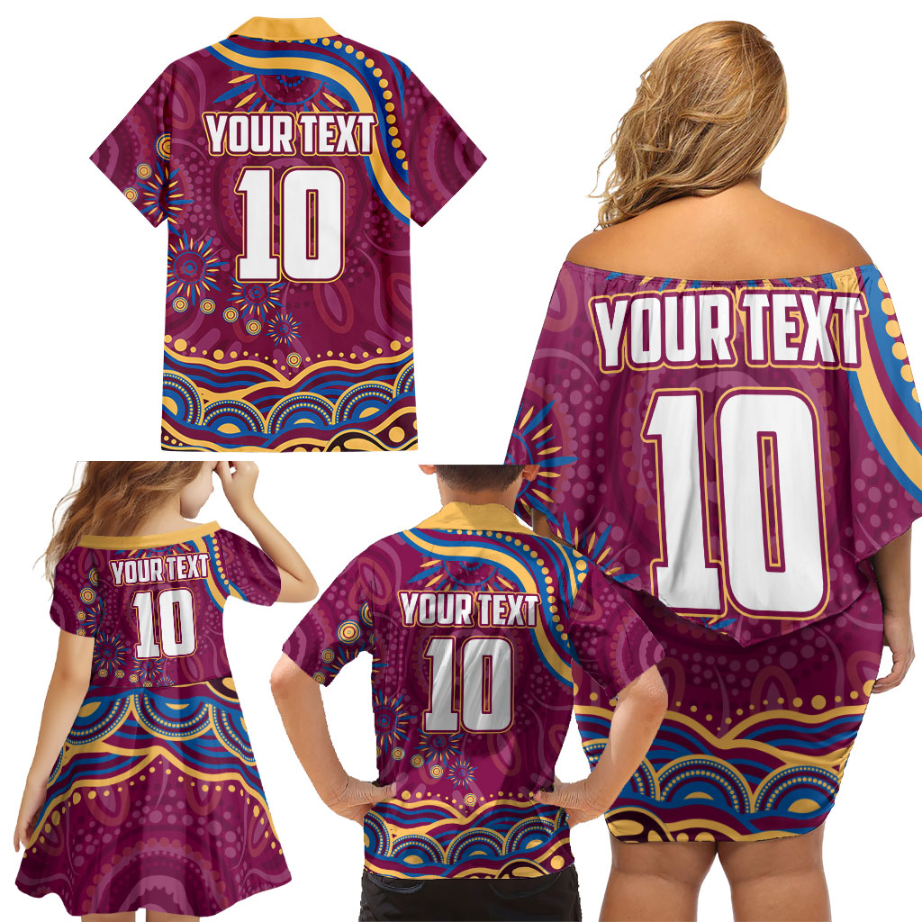 Personalized Brisbane Lions AFL Mascot Family Matching Off Shoulder Short Dress and Hawaiian Shirt Aboriginal Dot Art - Dreamtime Football Mascot