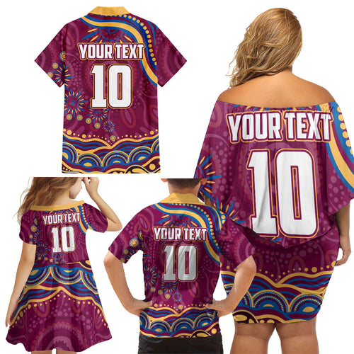 Personalized Brisbane Lions AFL Mascot Family Matching Off Shoulder Short Dress and Hawaiian Shirt Aboriginal Dot Art - Dreamtime Football Mascot