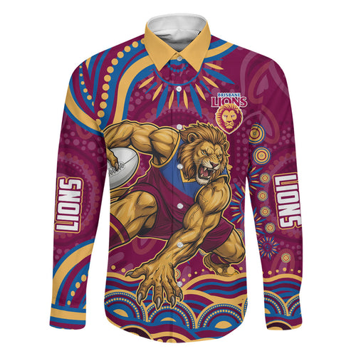 Personalized Brisbane Lions AFL Mascot Family Matching Off Shoulder Short Dress and Hawaiian Shirt Aboriginal Dot Art - Dreamtime Football Mascot