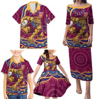 Personalized Brisbane Lions AFL Mascot Family Matching Puletasi and Hawaiian Shirt Aboriginal Dot Art - Dreamtime Football Mascot