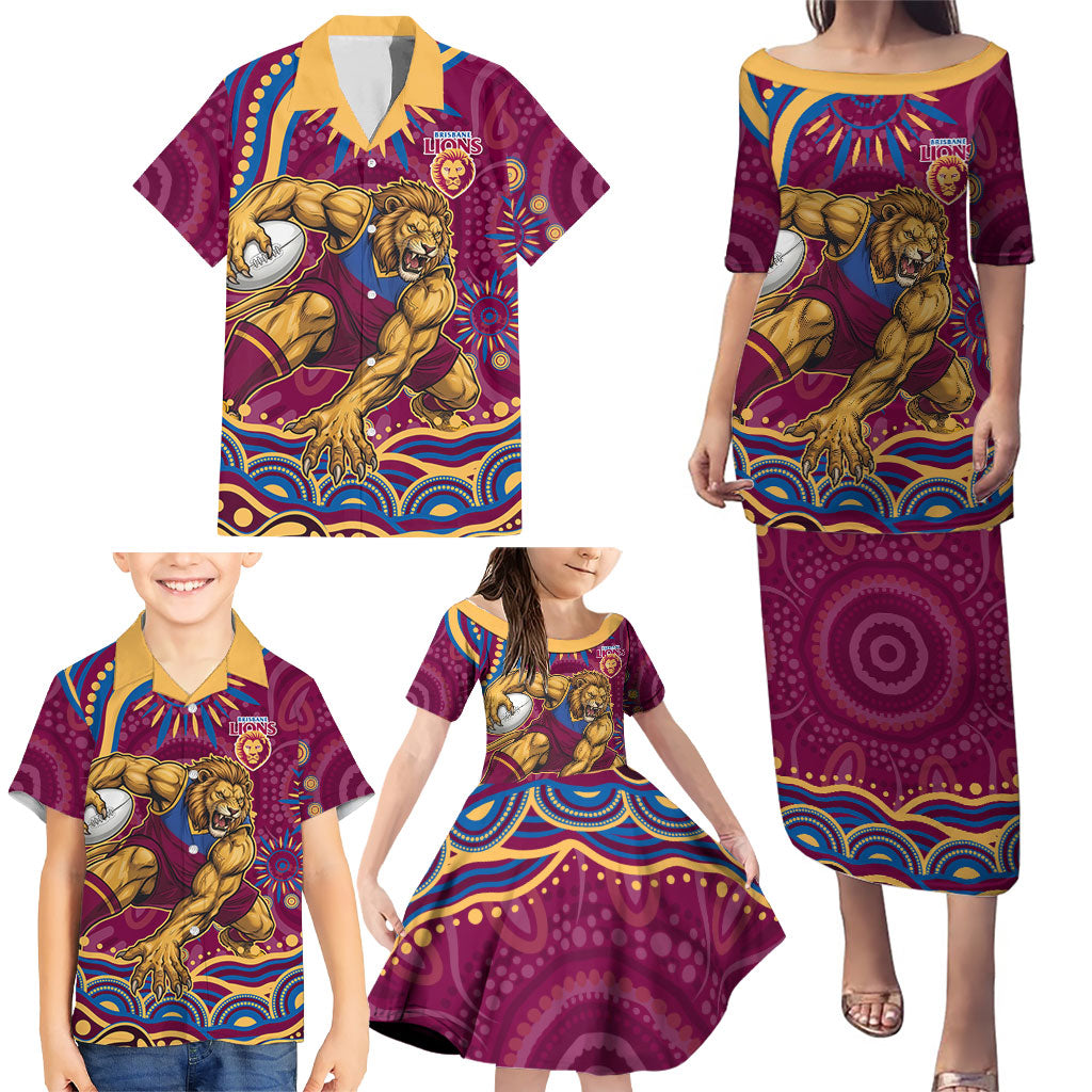 Personalized Brisbane Lions AFL Mascot Family Matching Puletasi and Hawaiian Shirt Aboriginal Dot Art - Dreamtime Football Mascot