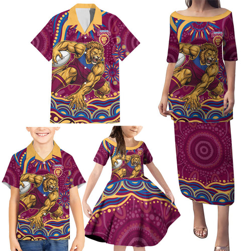 Personalized Brisbane Lions AFL Mascot Family Matching Puletasi and Hawaiian Shirt Aboriginal Dot Art - Dreamtime Football Mascot