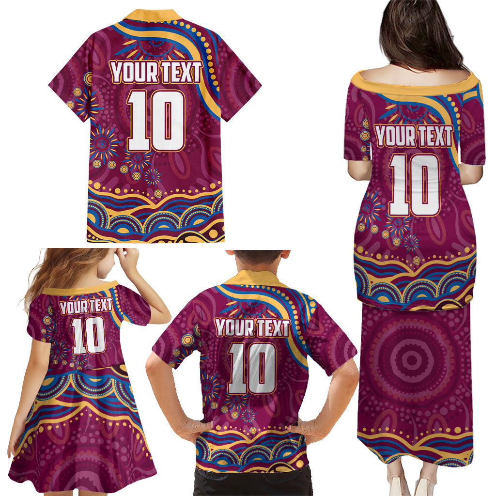 Personalized Brisbane Lions AFL Mascot Family Matching Puletasi and Hawaiian Shirt Aboriginal Dot Art - Dreamtime Football Mascot