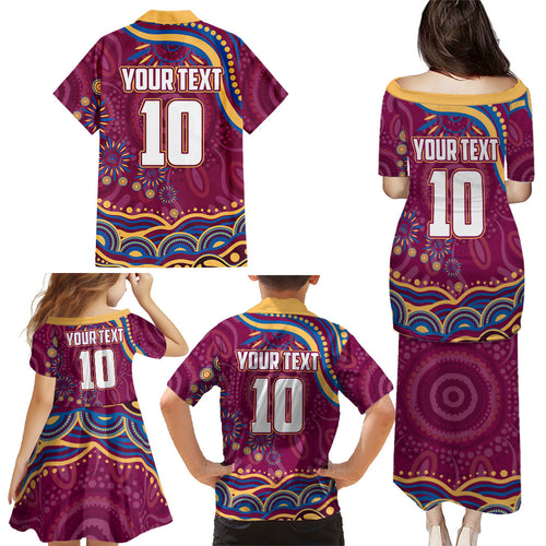 Personalized Brisbane Lions AFL Mascot Family Matching Puletasi and Hawaiian Shirt Aboriginal Dot Art - Dreamtime Football Mascot