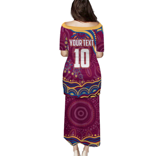 Personalized Brisbane Lions AFL Mascot Family Matching Puletasi and Hawaiian Shirt Aboriginal Dot Art - Dreamtime Football Mascot