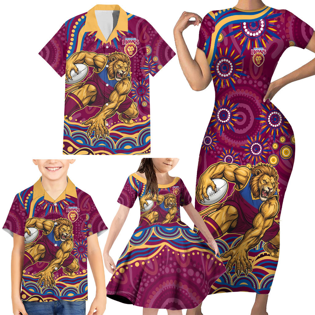 Personalized Brisbane Lions AFL Mascot Family Matching Short Sleeve Bodycon Dress and Hawaiian Shirt Aboriginal Dot Art - Dreamtime Football Mascot