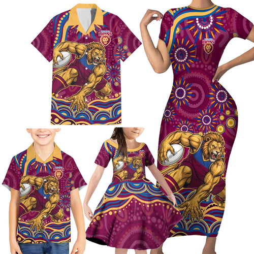 Personalized Brisbane Lions AFL Mascot Family Matching Short Sleeve Bodycon Dress and Hawaiian Shirt Aboriginal Dot Art - Dreamtime Football Mascot