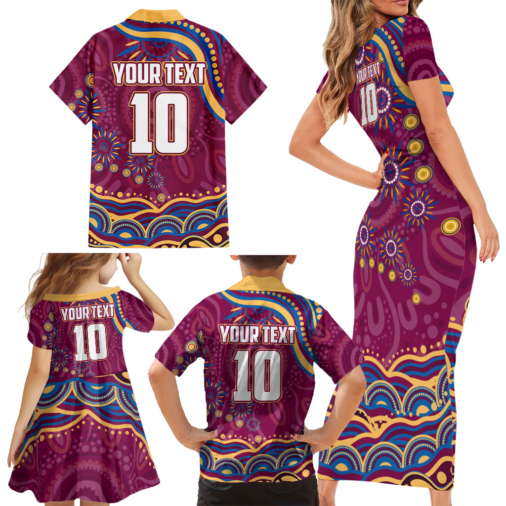 Personalized Brisbane Lions AFL Mascot Family Matching Short Sleeve Bodycon Dress and Hawaiian Shirt Aboriginal Dot Art - Dreamtime Football Mascot