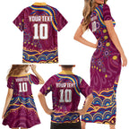 Personalized Brisbane Lions AFL Mascot Family Matching Short Sleeve Bodycon Dress and Hawaiian Shirt Aboriginal Dot Art - Dreamtime Football Mascot