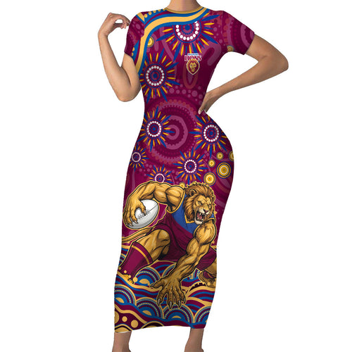 Personalized Brisbane Lions AFL Mascot Family Matching Short Sleeve Bodycon Dress and Hawaiian Shirt Aboriginal Dot Art - Dreamtime Football Mascot