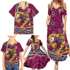 Personalized Brisbane Lions AFL Mascot Family Matching Summer Maxi Dress and Hawaiian Shirt Aboriginal Dot Art - Dreamtime Football Mascot