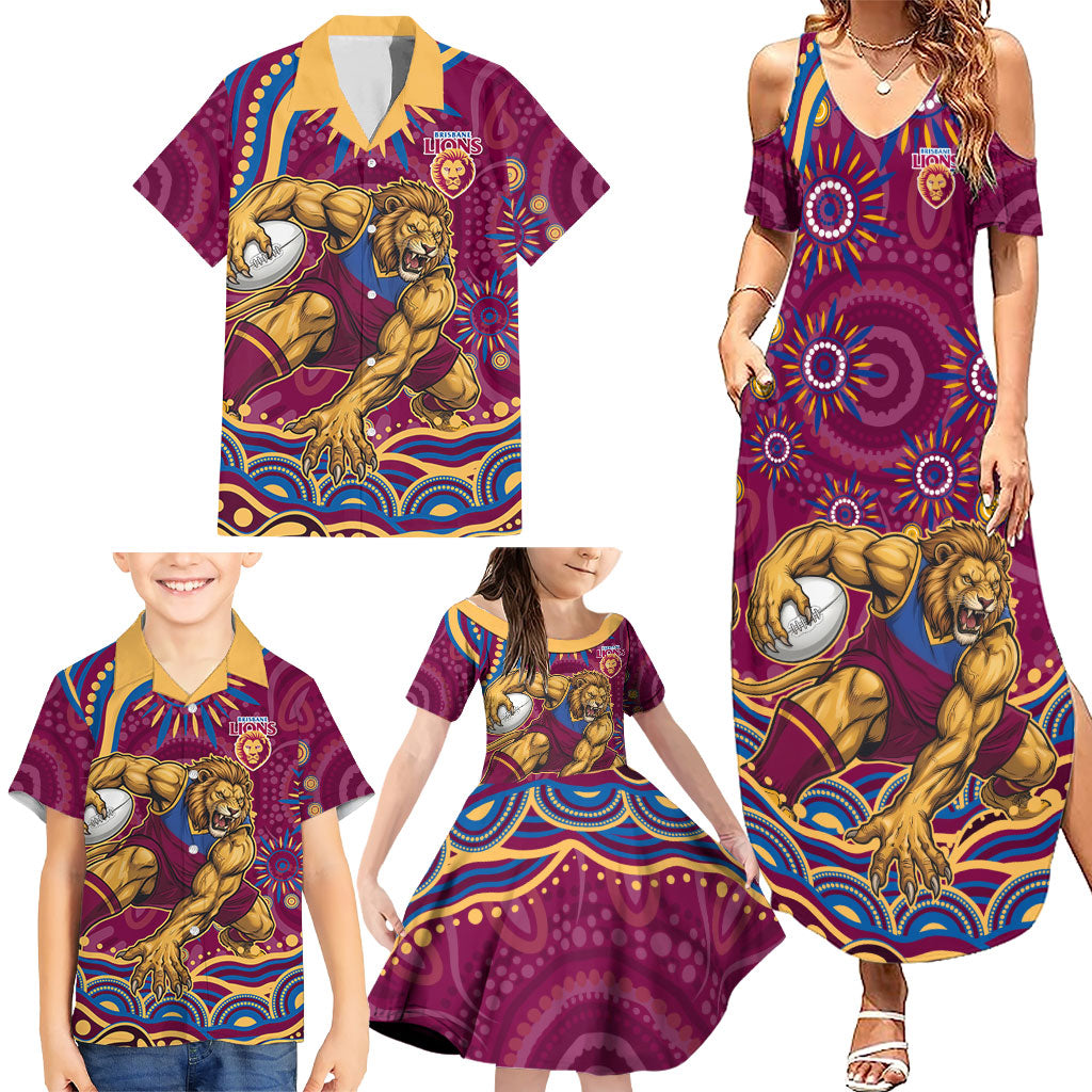 Personalized Brisbane Lions AFL Mascot Family Matching Summer Maxi Dress and Hawaiian Shirt Aboriginal Dot Art - Dreamtime Football Mascot