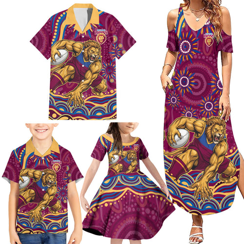 Personalized Brisbane Lions AFL Mascot Family Matching Summer Maxi Dress and Hawaiian Shirt Aboriginal Dot Art - Dreamtime Football Mascot
