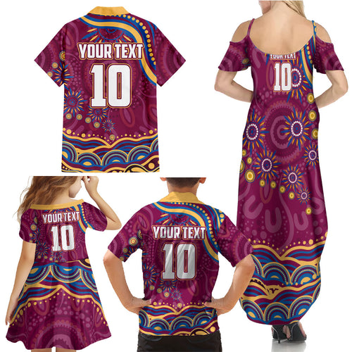 Personalized Brisbane Lions AFL Mascot Family Matching Summer Maxi Dress and Hawaiian Shirt Aboriginal Dot Art - Dreamtime Football Mascot