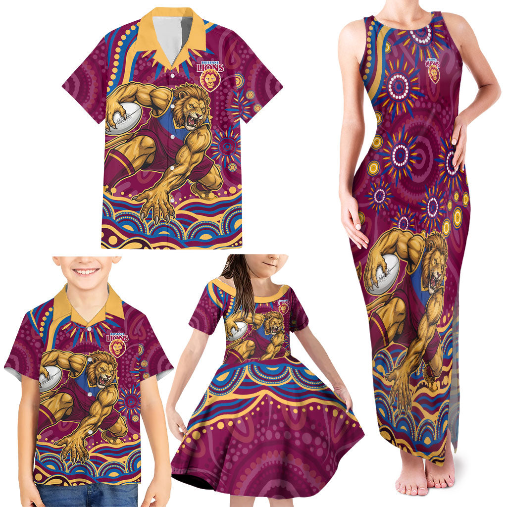 Personalized Brisbane Lions AFL Mascot Family Matching Tank Maxi Dress and Hawaiian Shirt Aboriginal Dot Art - Dreamtime Football Mascot