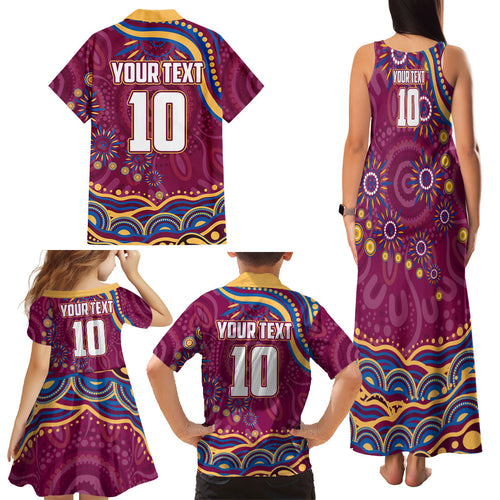 Personalized Brisbane Lions AFL Mascot Family Matching Tank Maxi Dress and Hawaiian Shirt Aboriginal Dot Art - Dreamtime Football Mascot
