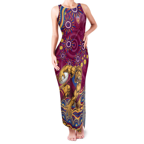 Personalized Brisbane Lions AFL Mascot Family Matching Tank Maxi Dress and Hawaiian Shirt Aboriginal Dot Art - Dreamtime Football Mascot