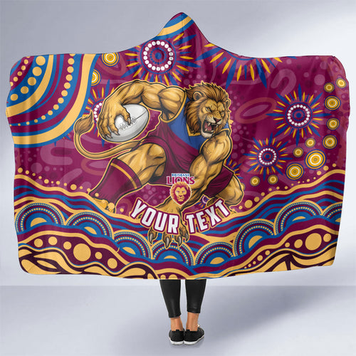 Personalized Brisbane Lions AFL Mascot Hooded Blanket Aboriginal Dot Art - Dreamtime Football Mascot