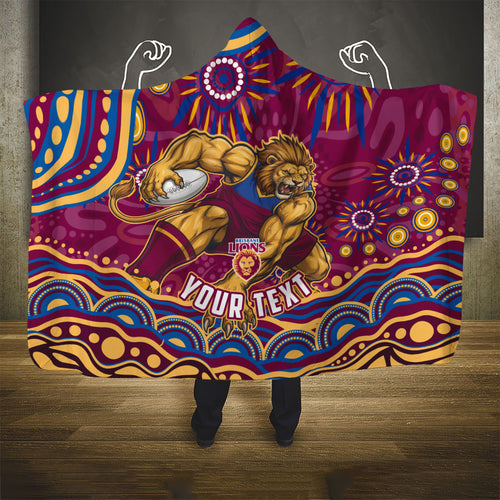 Personalized Brisbane Lions AFL Mascot Hooded Blanket Aboriginal Dot Art - Dreamtime Football Mascot