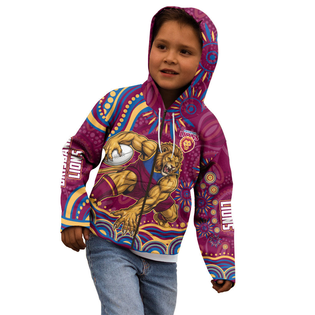 Personalized Brisbane Lions AFL Mascot Kid Hoodie Aboriginal Dot Art - Dreamtime Football Mascot