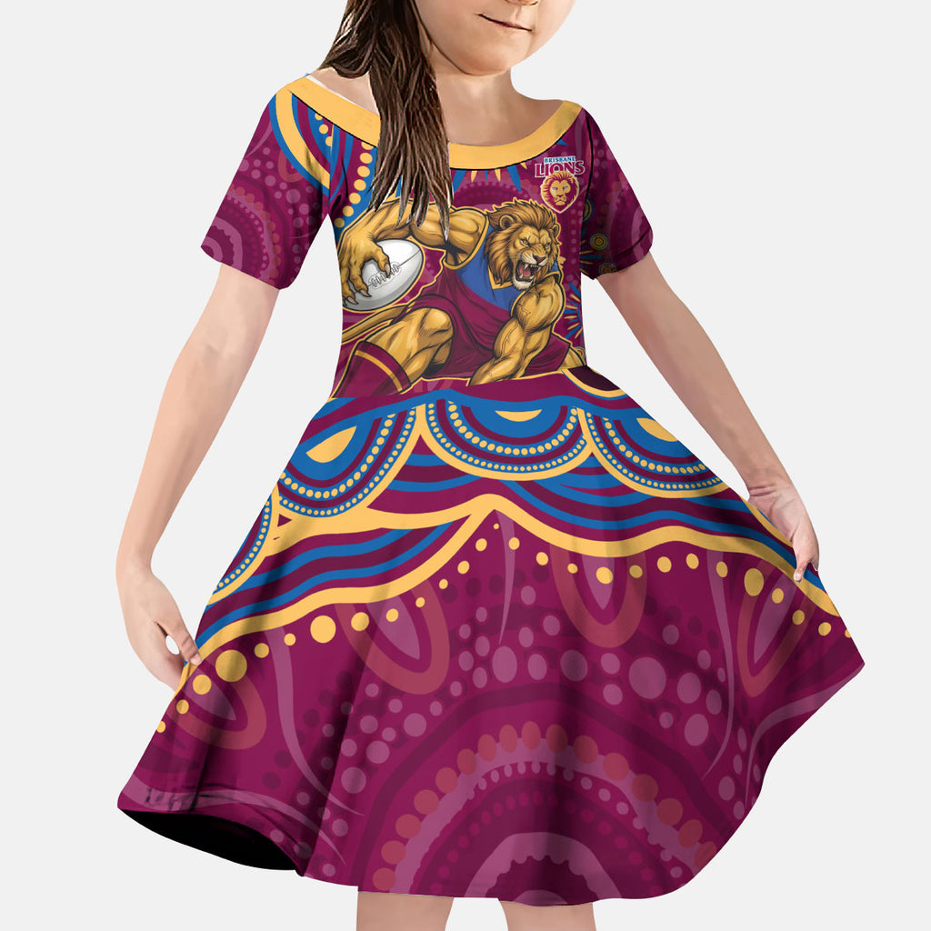 Personalized Brisbane Lions AFL Mascot Kid Short Sleeve Dress Aboriginal Dot Art - Dreamtime Football Mascot