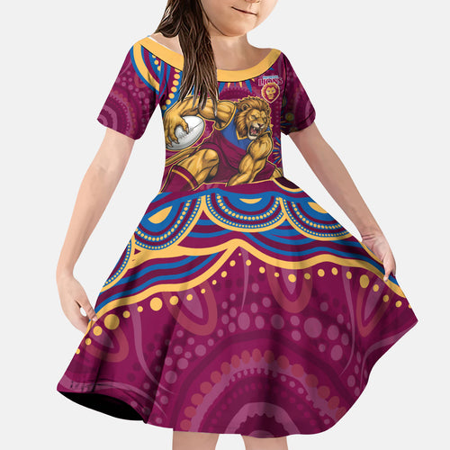 Personalized Brisbane Lions AFL Mascot Kid Short Sleeve Dress Aboriginal Dot Art - Dreamtime Football Mascot