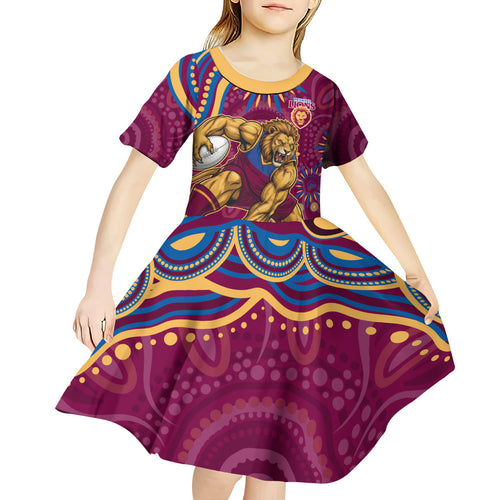 Personalized Brisbane Lions AFL Mascot Kid Short Sleeve Dress Aboriginal Dot Art - Dreamtime Football Mascot
