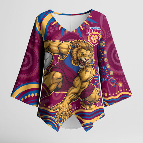 Personalized Brisbane Lions AFL Mascot Kimono Sleeve Blouse Aboriginal Dot Art - Dreamtime Football Mascot