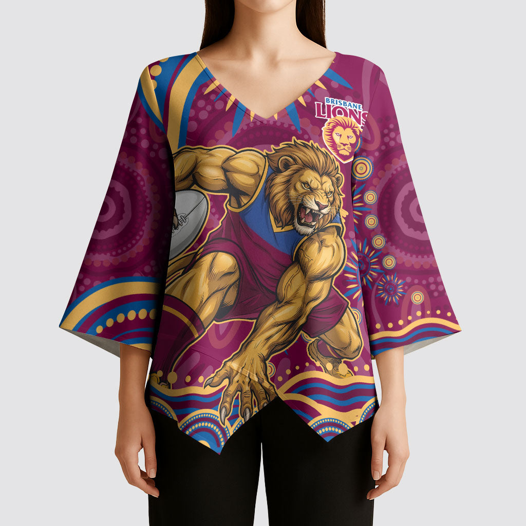 Personalized Brisbane Lions AFL Mascot Kimono Sleeve Blouse Aboriginal Dot Art - Dreamtime Football Mascot