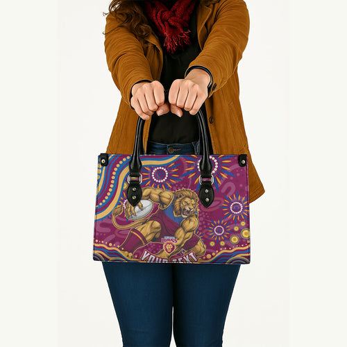 Personalized Brisbane Lions AFL Mascot Leather Bag Aboriginal Dot Art - Dreamtime Football Mascot