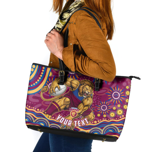 Personalized Brisbane Lions AFL Mascot Leather Tote Bag Aboriginal Dot Art - Dreamtime Football Mascot