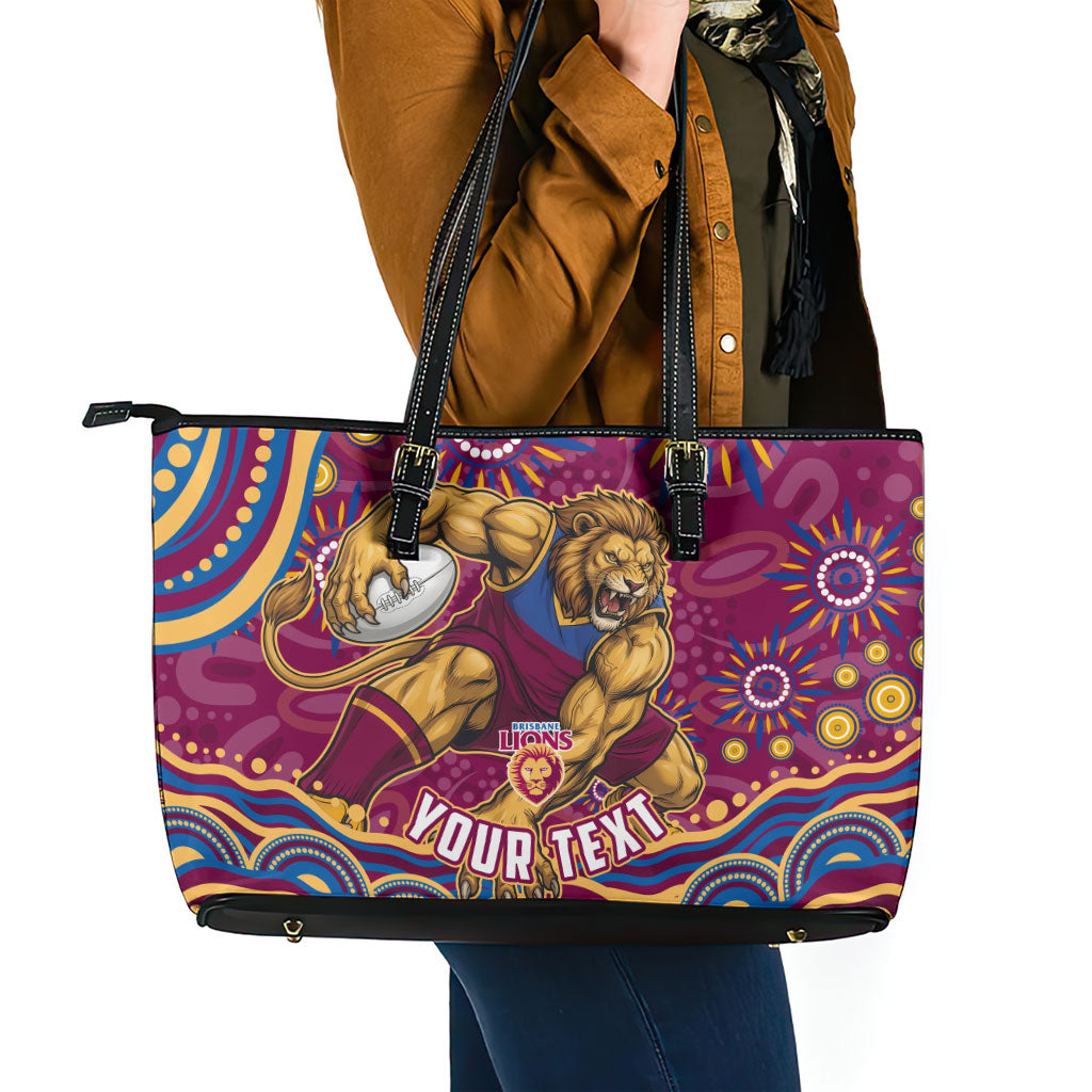 Personalized Brisbane Lions AFL Mascot Leather Tote Bag Aboriginal Dot Art - Dreamtime Football Mascot