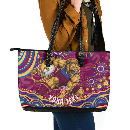 Personalized Brisbane Lions AFL Mascot Leather Tote Bag Aboriginal Dot Art - Dreamtime Football Mascot