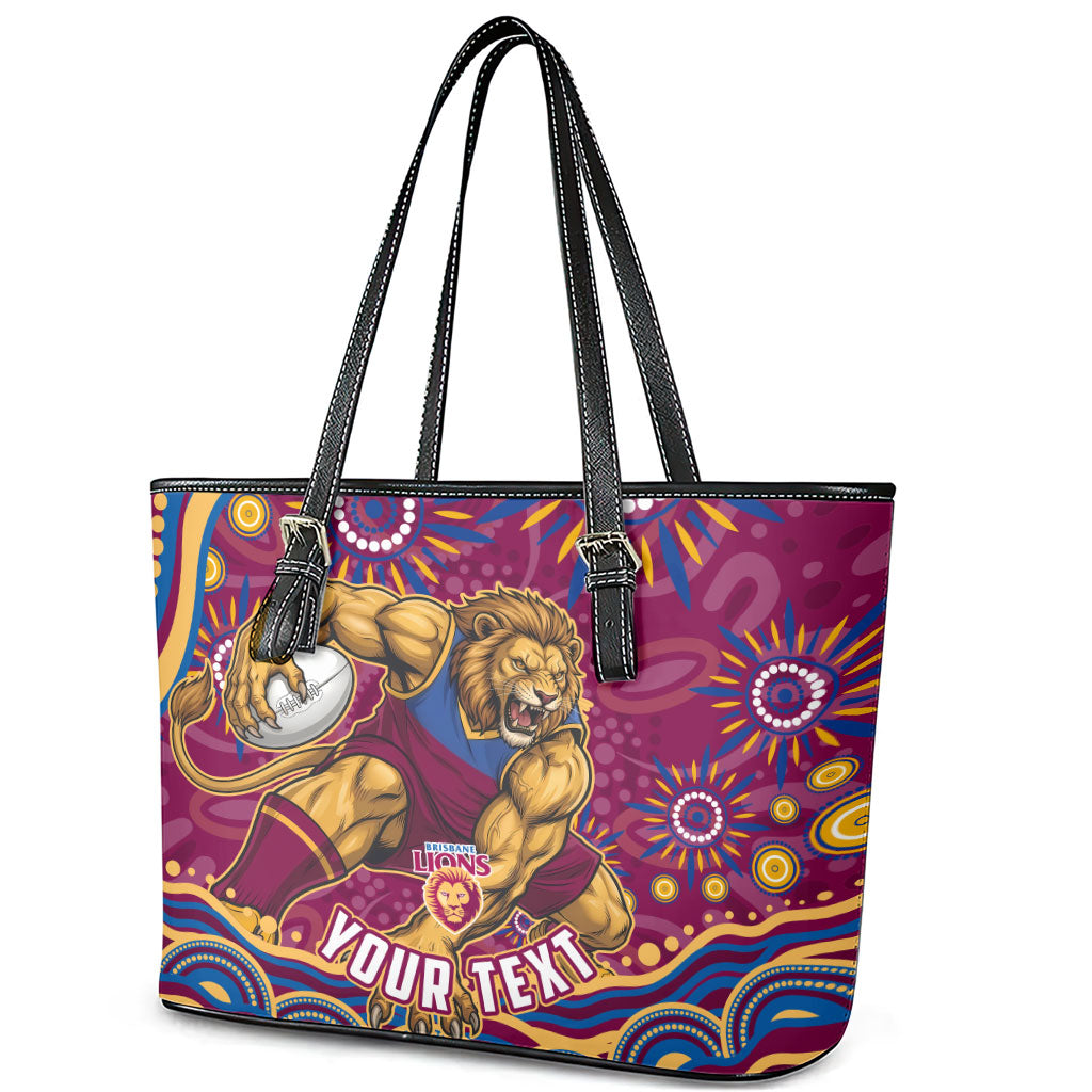 Personalized Brisbane Lions AFL Mascot Leather Tote Bag Aboriginal Dot Art - Dreamtime Football Mascot