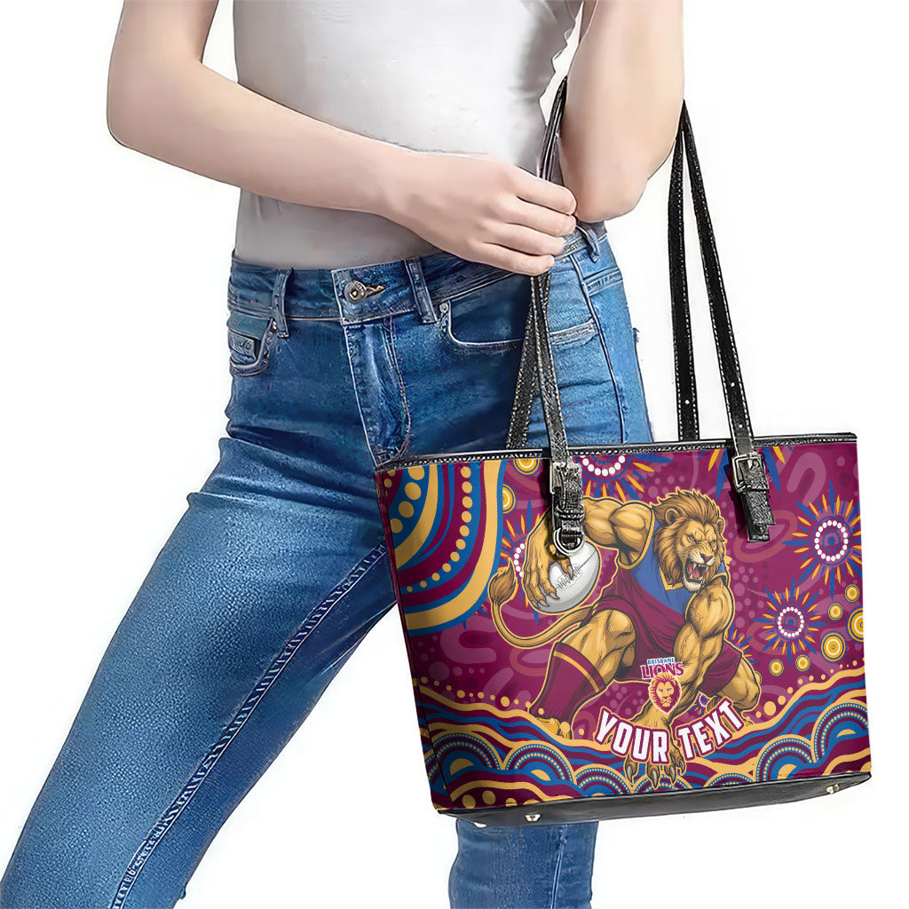 Personalized Brisbane Lions AFL Mascot Leather Tote Bag Aboriginal Dot Art - Dreamtime Football Mascot