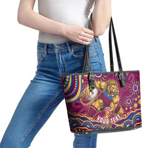 Personalized Brisbane Lions AFL Mascot Leather Tote Bag Aboriginal Dot Art - Dreamtime Football Mascot