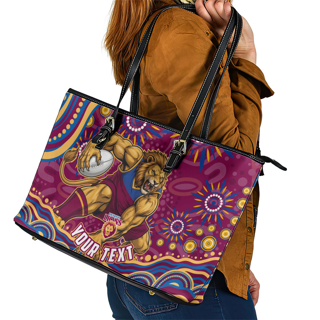 Personalized Brisbane Lions AFL Mascot Leather Tote Bag Aboriginal Dot Art - Dreamtime Football Mascot
