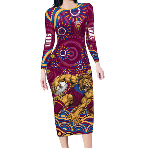 Personalized Brisbane Lions AFL Mascot Long Sleeve Bodycon Dress Aboriginal Dot Art - Dreamtime Football Mascot