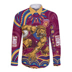 Personalized Brisbane Lions AFL Mascot Long Sleeve Button Shirt Aboriginal Dot Art - Dreamtime Football Mascot