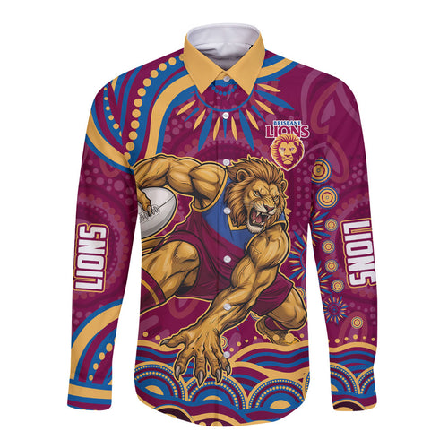 Personalized Brisbane Lions AFL Mascot Long Sleeve Button Shirt Aboriginal Dot Art - Dreamtime Football Mascot