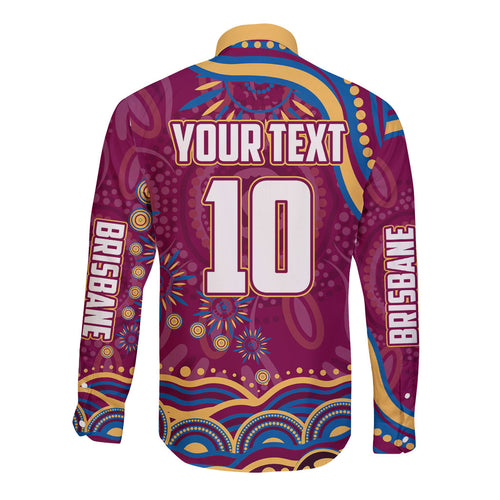 Personalized Brisbane Lions AFL Mascot Long Sleeve Button Shirt Aboriginal Dot Art - Dreamtime Football Mascot
