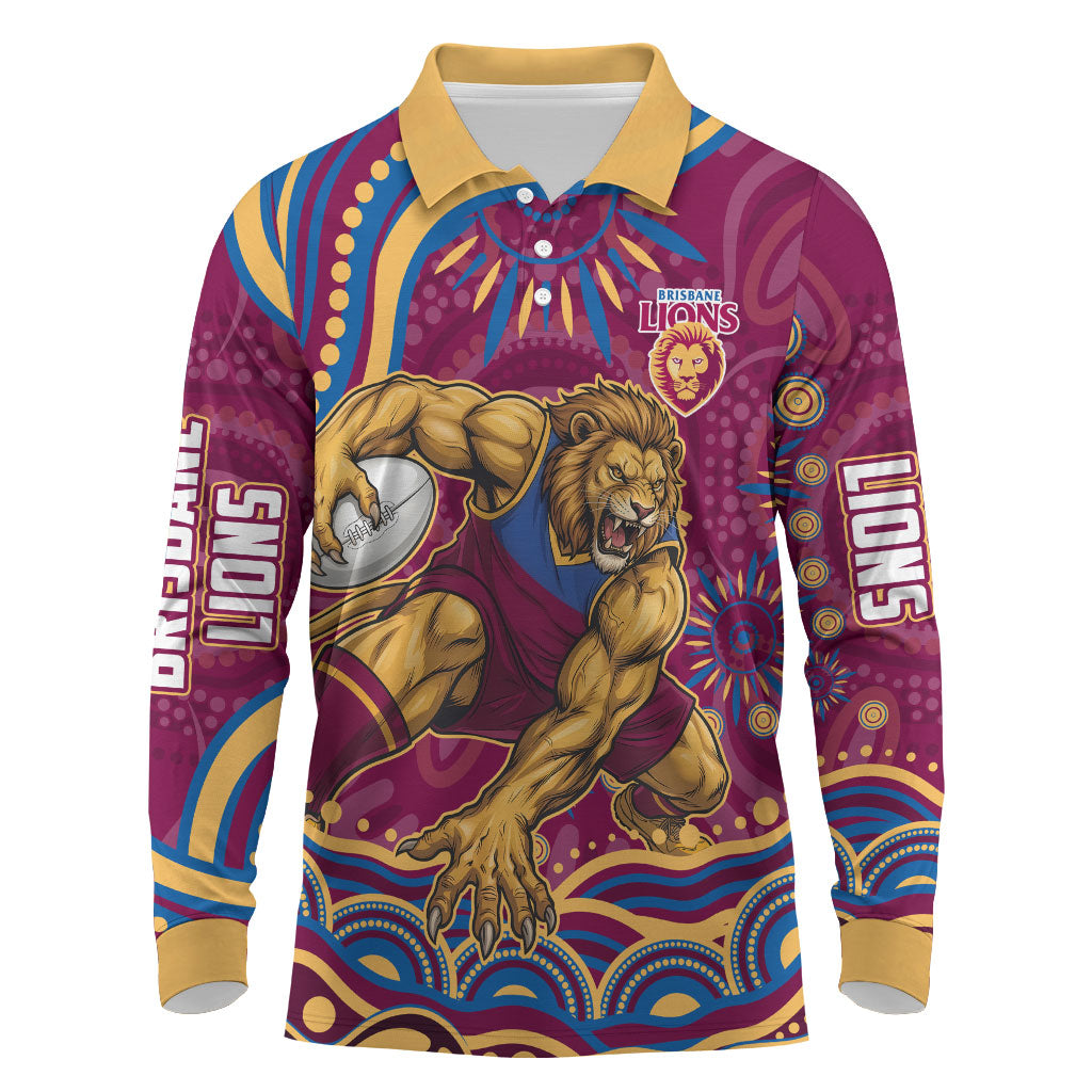Personalized Brisbane Lions AFL Mascot Long Sleeve Polo Shirt Aboriginal Dot Art - Dreamtime Football Mascot