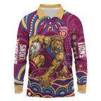 Personalized Brisbane Lions AFL Mascot Long Sleeve Polo Shirt Aboriginal Dot Art - Dreamtime Football Mascot