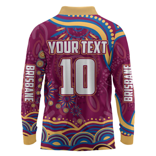 Personalized Brisbane Lions AFL Mascot Long Sleeve Polo Shirt Aboriginal Dot Art - Dreamtime Football Mascot
