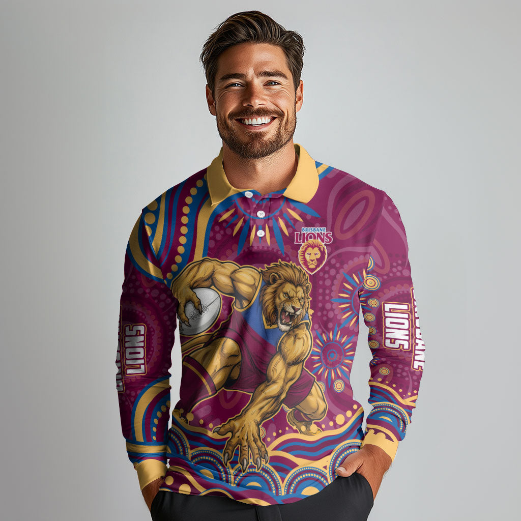 Personalized Brisbane Lions AFL Mascot Long Sleeve Polo Shirt Aboriginal Dot Art - Dreamtime Football Mascot